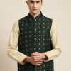 Men Sojanya | Men'S Cotton Dark Self Design Only Nehru Jacket - Sojanya Green