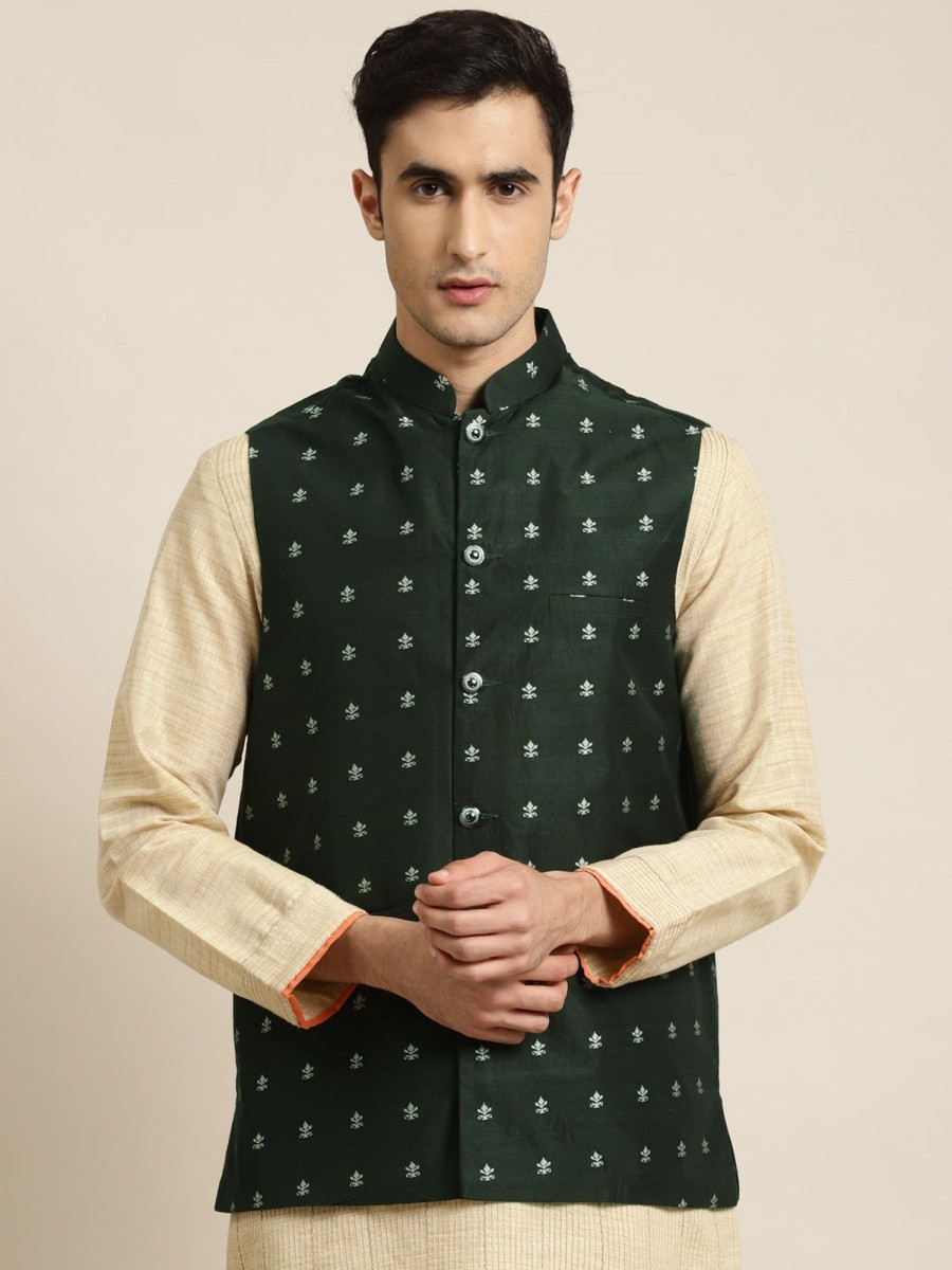 Men Sojanya | Men'S Cotton Dark Self Design Only Nehru Jacket - Sojanya Green