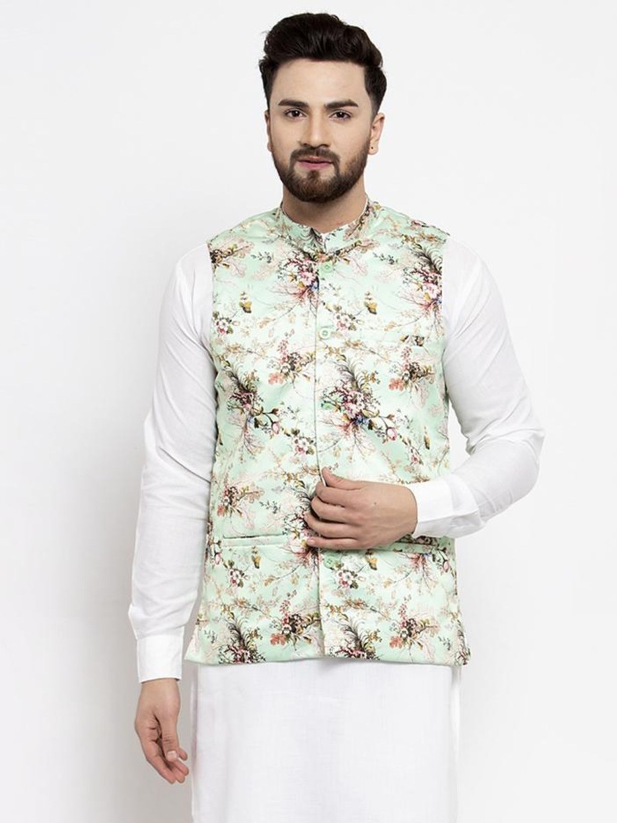 Men Virat Fashions | Men'S Lime-Green Printed Satin Nehru Jacket ( Jowc 4007 Lime) - Virat Fashions