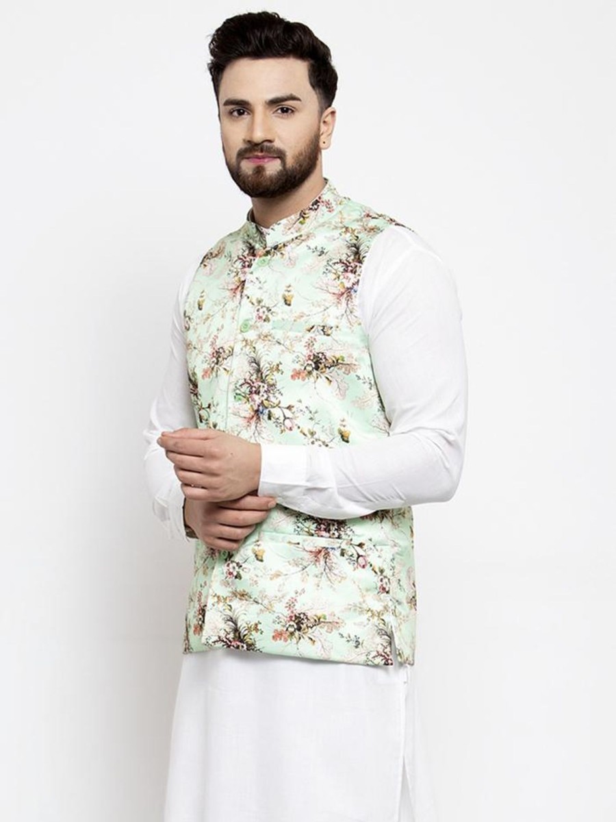 Men Virat Fashions | Men'S Lime-Green Printed Satin Nehru Jacket ( Jowc 4007 Lime) - Virat Fashions