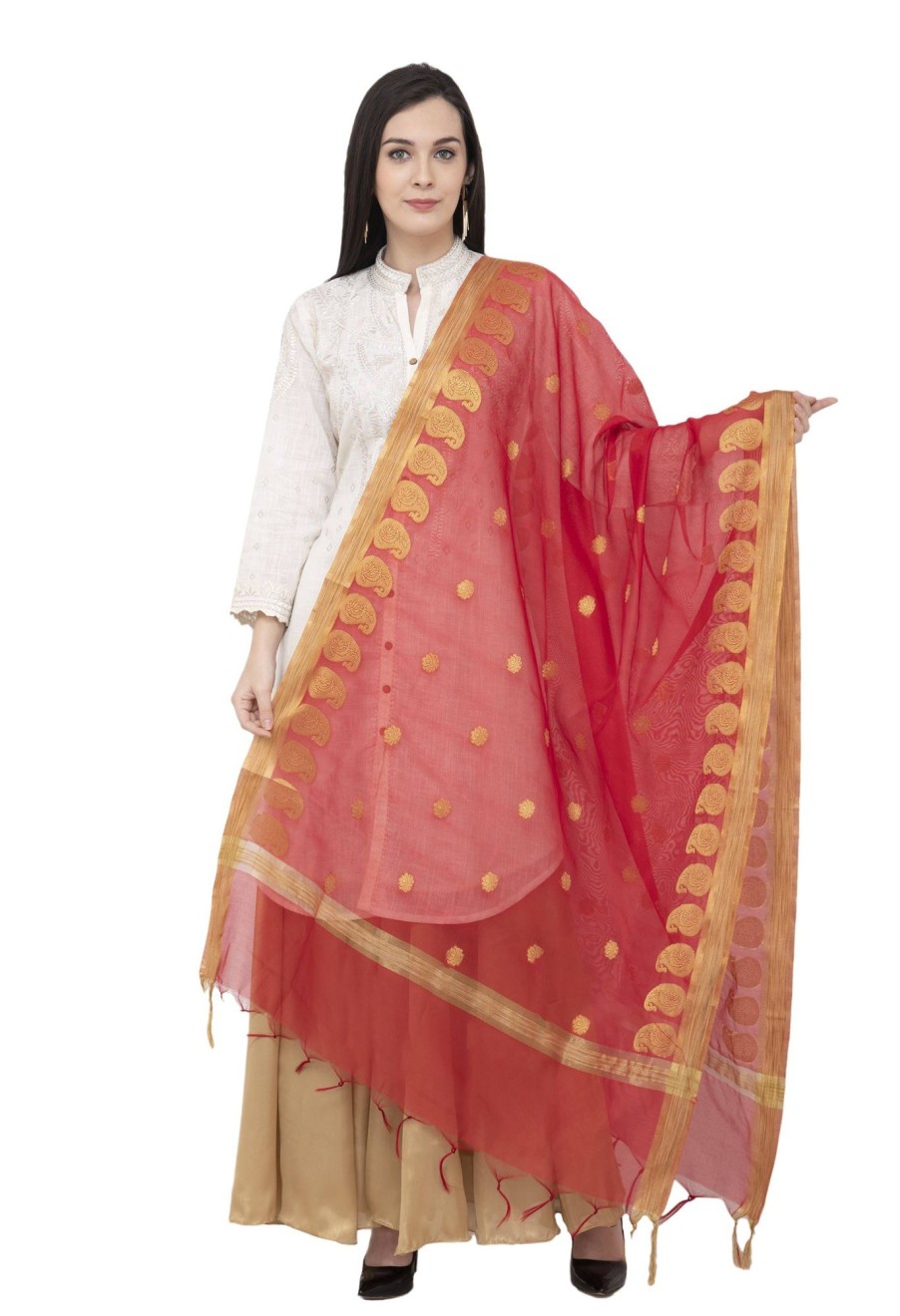 Women AR Silks | A R Silk Vns Ambi Border Fancy Dupatta Color Dupatta Or Chunni Red