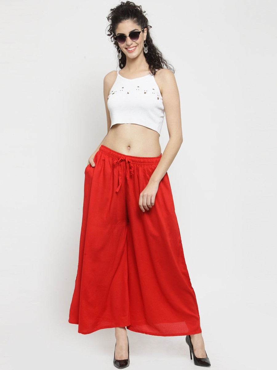 Women Wahe-NOOR | Women'S Red Solid Rayon Sharara - Wahe-Noor