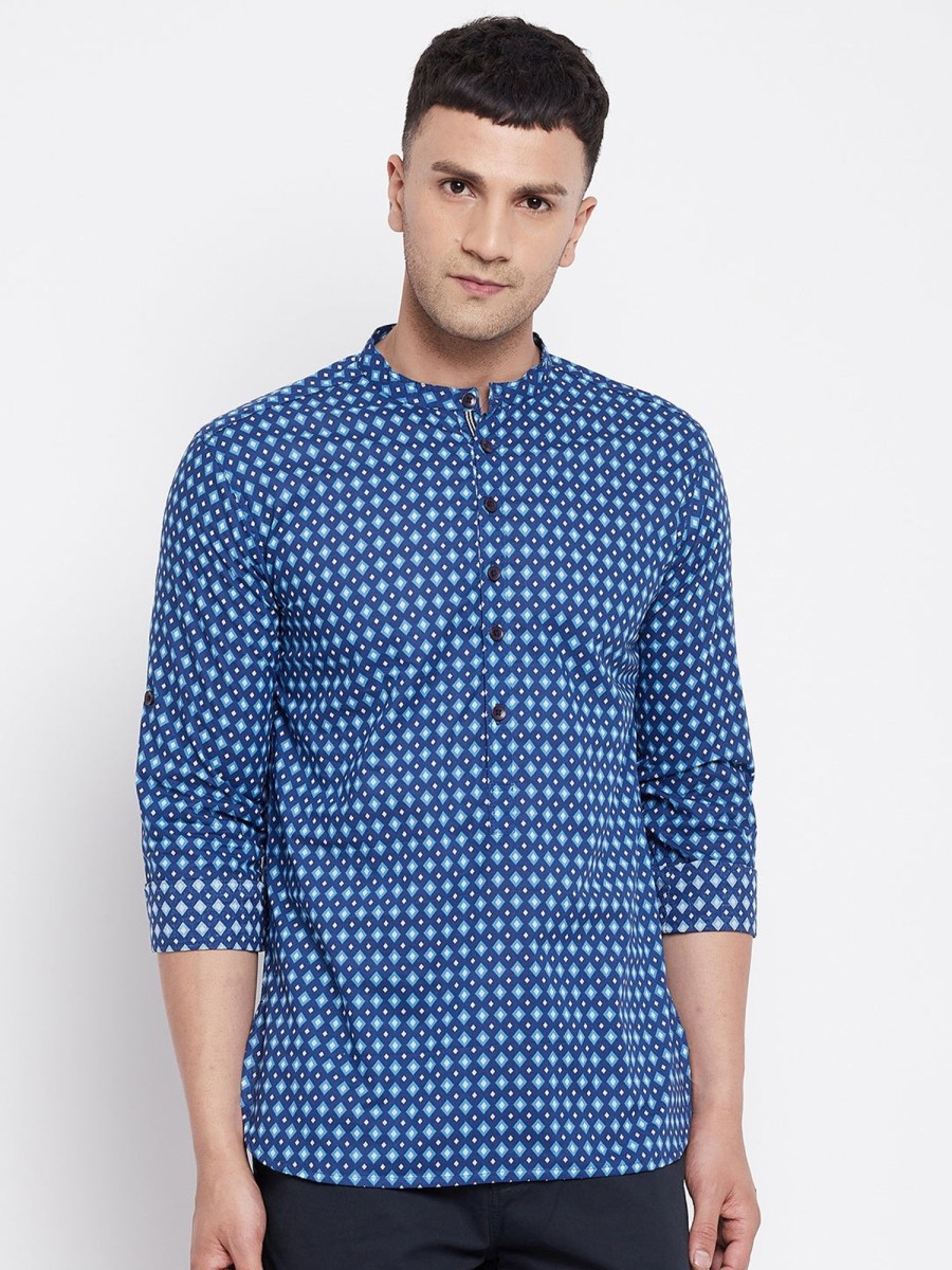 Men Even Apparels | Men'S Pure Cotton Kurta With Band Collar - Even Apparels Blue