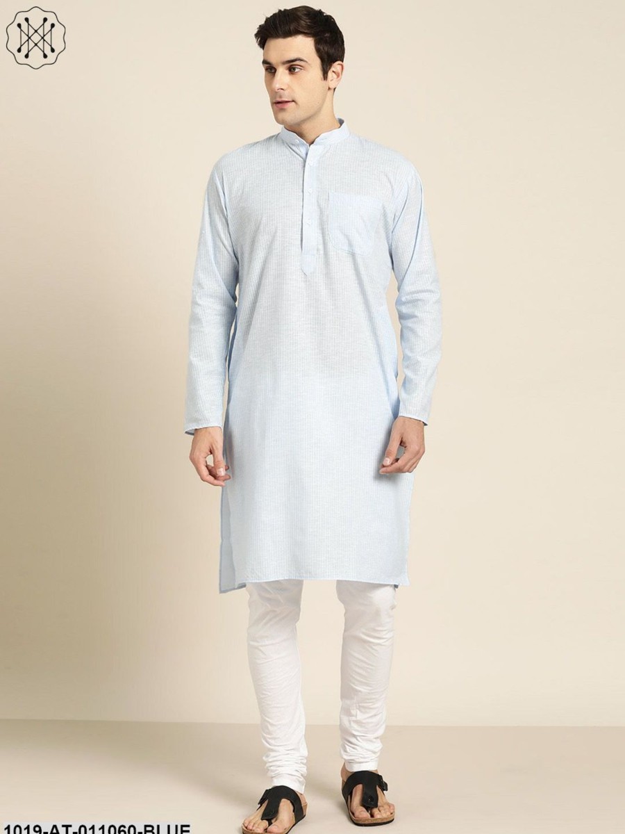 Men Sojanya | Men'S Cotton Sky Blue U0026 White Striped Only Kurta - Sojanya