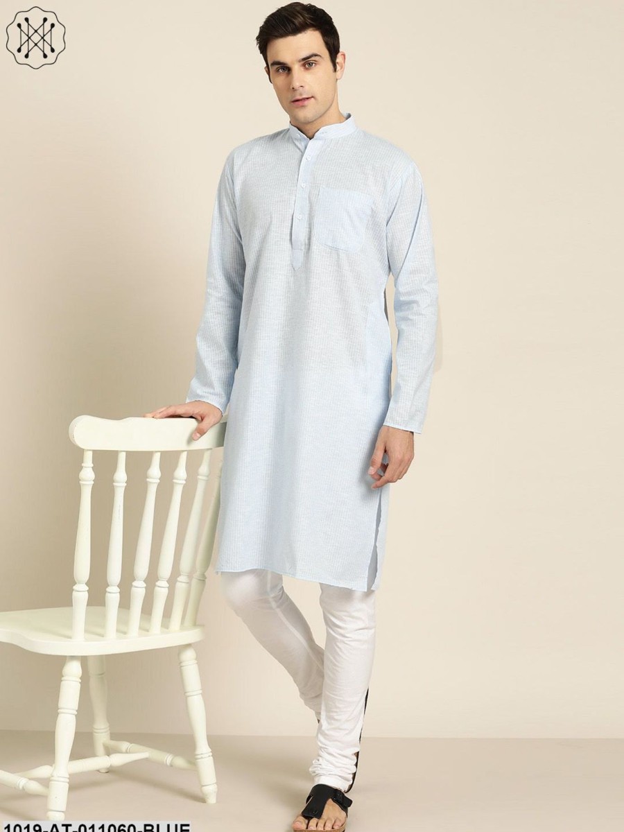 Men Sojanya | Men'S Cotton Sky Blue U0026 White Striped Only Kurta - Sojanya