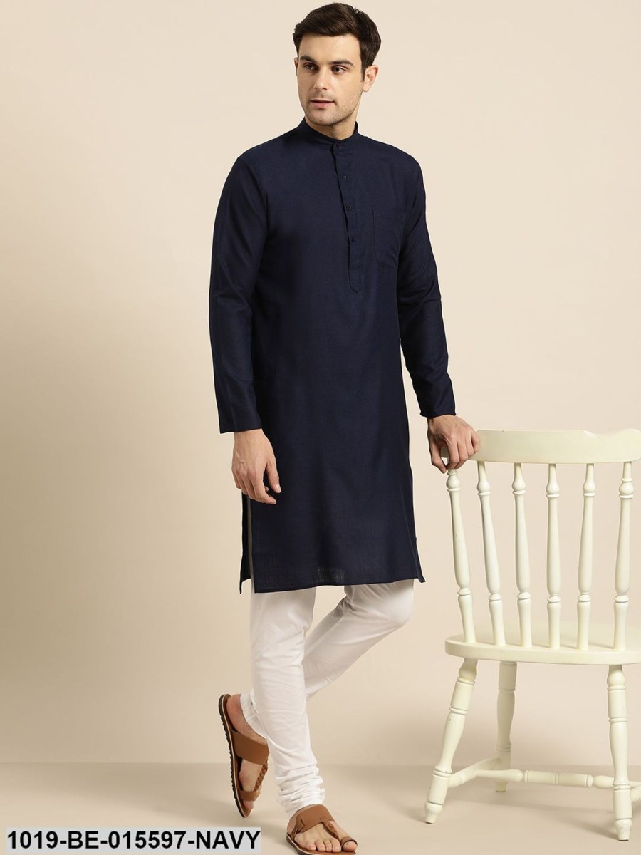 Men Sojanya | Men'S Cotton Navy Blue Solid Only Kurta - Sojanya