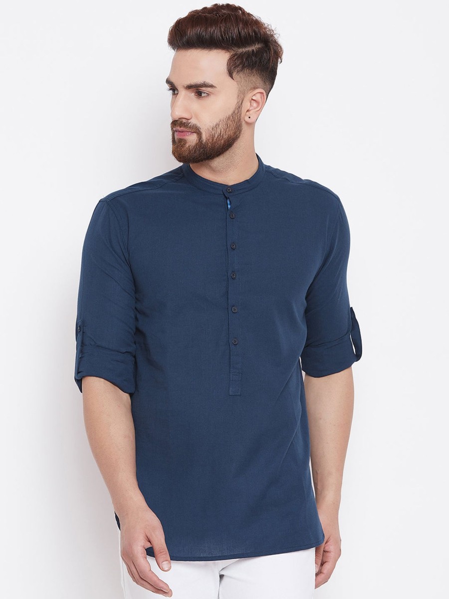 Men Even Apparels | Men'S Pure Cotton Kurta With Band Collar - Even Apparels Blue