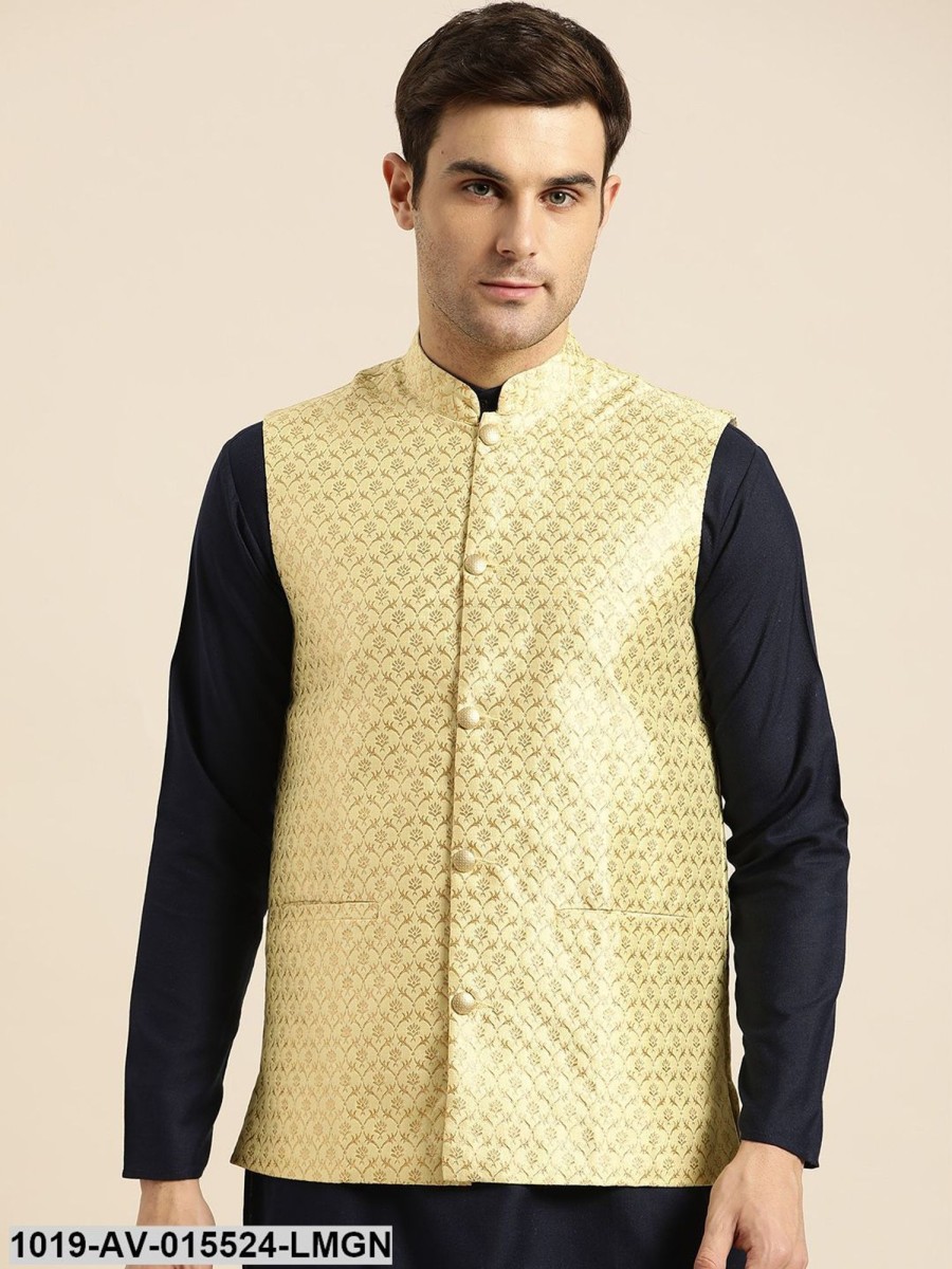 Men Sojanya | Men'S Silk Blend Lime Green U0026 Gold Self Design Nehru Jacket - Sojanya