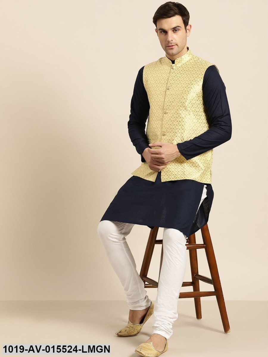 Men Sojanya | Men'S Silk Blend Lime Green U0026 Gold Self Design Nehru Jacket - Sojanya