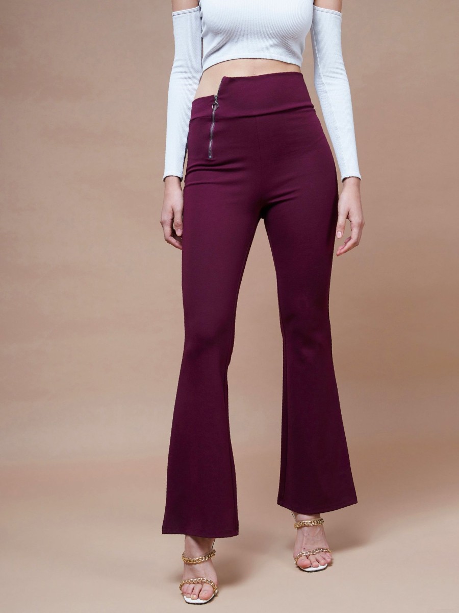 Women SASSAFRAS | Women'S Side Zipper Bell Bottom Pants - Sassafras Burgundy