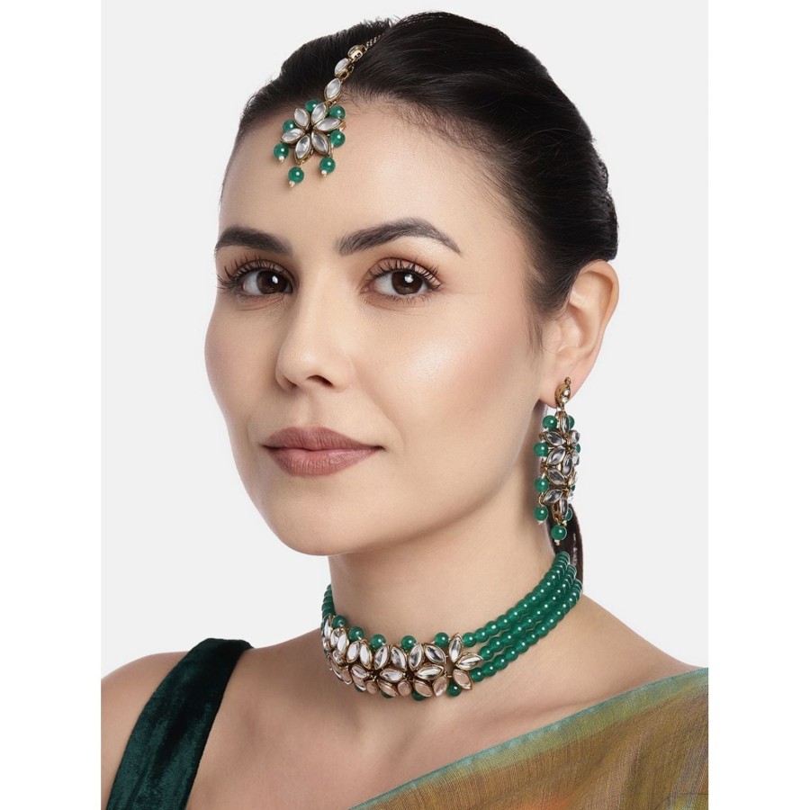 Jewellery I Jewels | Women'S 18K Gold Plated Kundan U0026 Pearl Beaded Choker Set - I Jewels Green