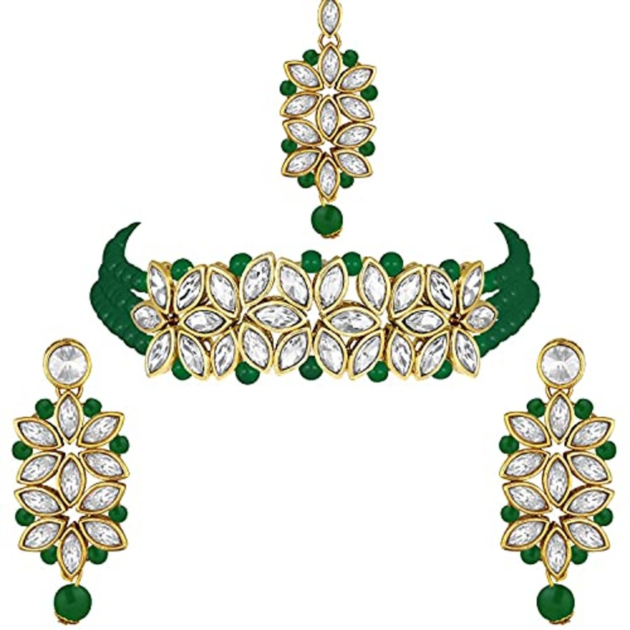 Jewellery I Jewels | Women'S 18K Gold Plated Kundan U0026 Pearl Beaded Choker Set - I Jewels Green