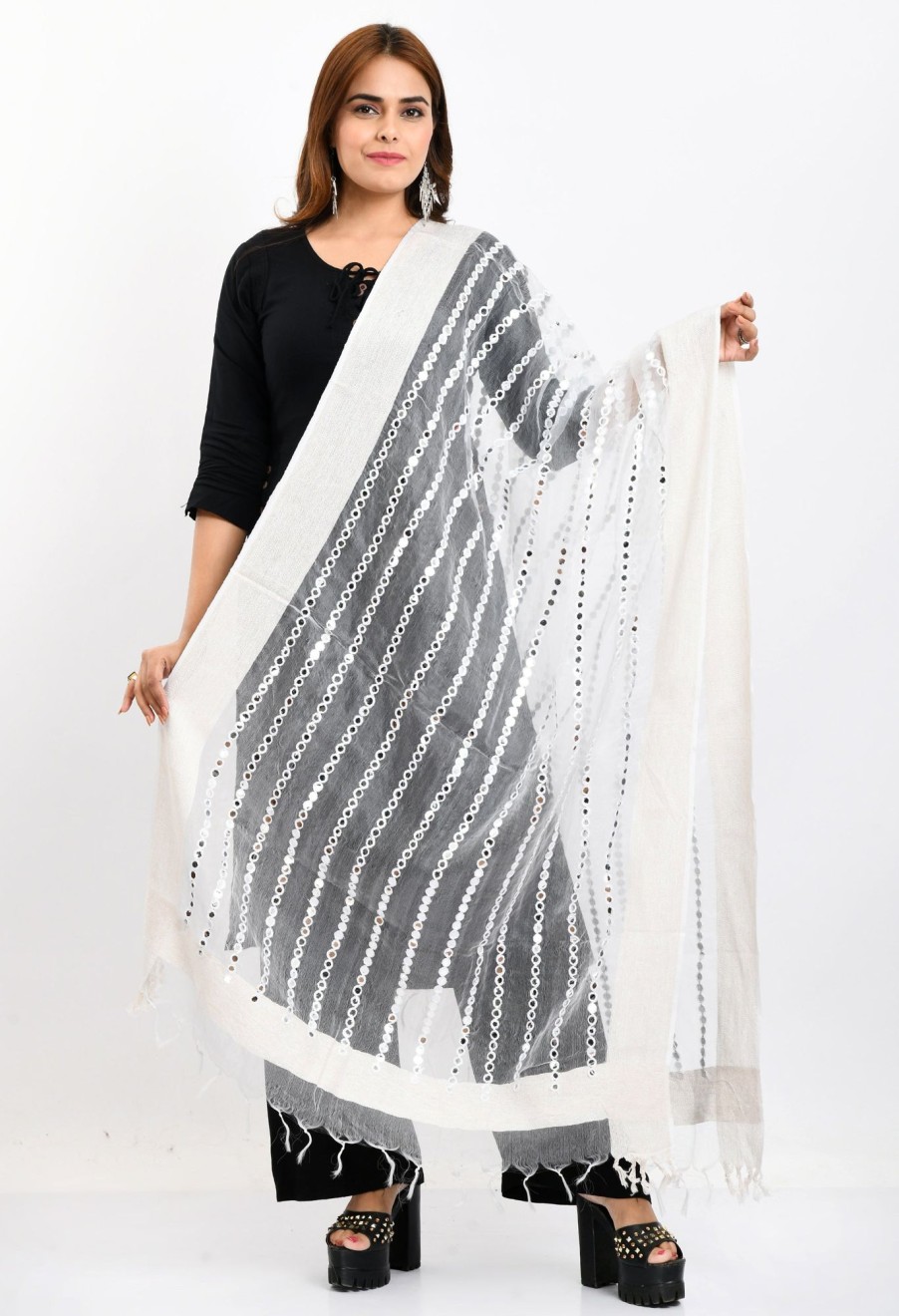 Women Moeza | Women'S Orgenza Mirror Stripe Thread Work Dupatta - Moeza White