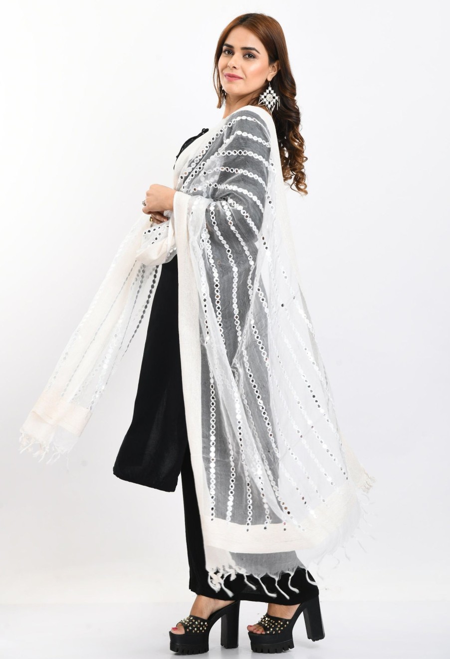 Women Moeza | Women'S Orgenza Mirror Stripe Thread Work Dupatta - Moeza White