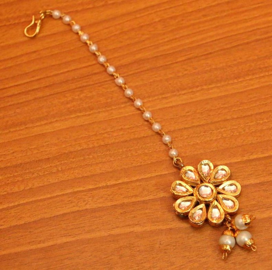 Jewellery Sanvi Jewels | Women'S Flower Pattern Kundan And Pearl Maang Tikka - Sanvi Jewels White