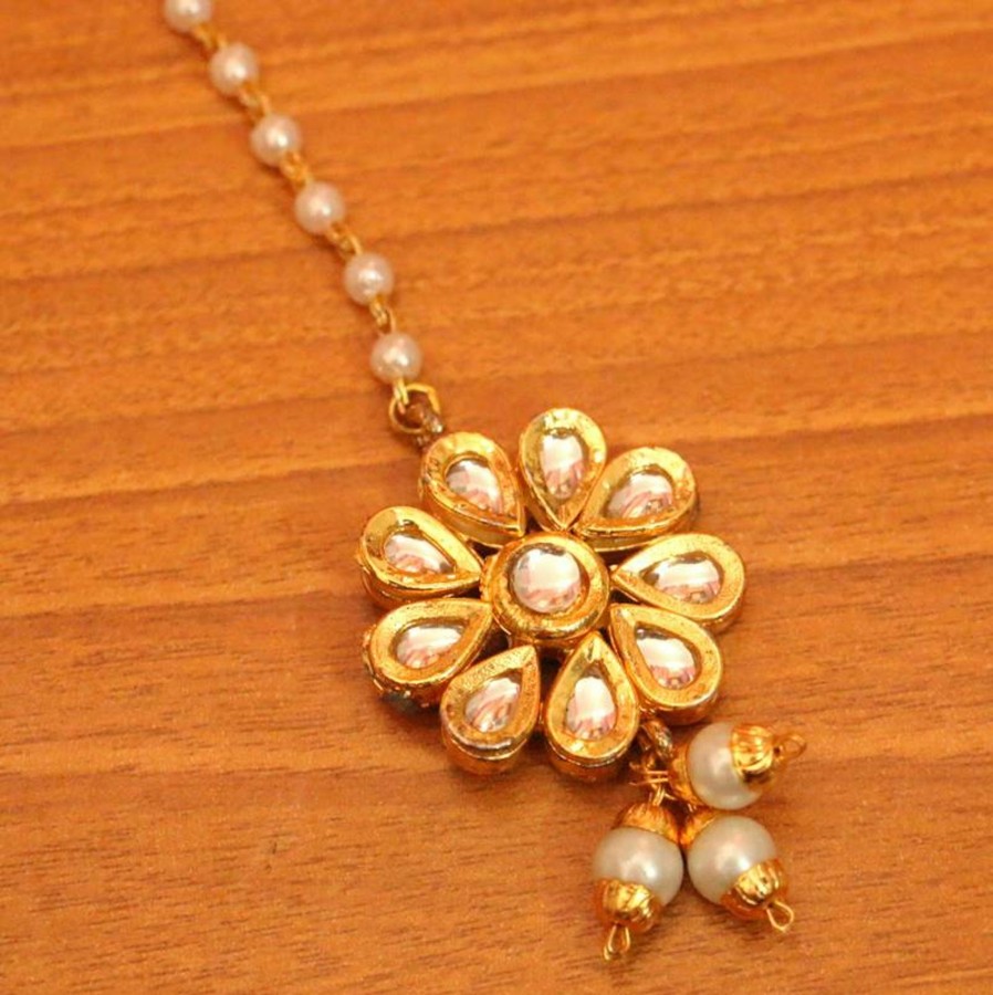 Jewellery Sanvi Jewels | Women'S Flower Pattern Kundan And Pearl Maang Tikka - Sanvi Jewels White