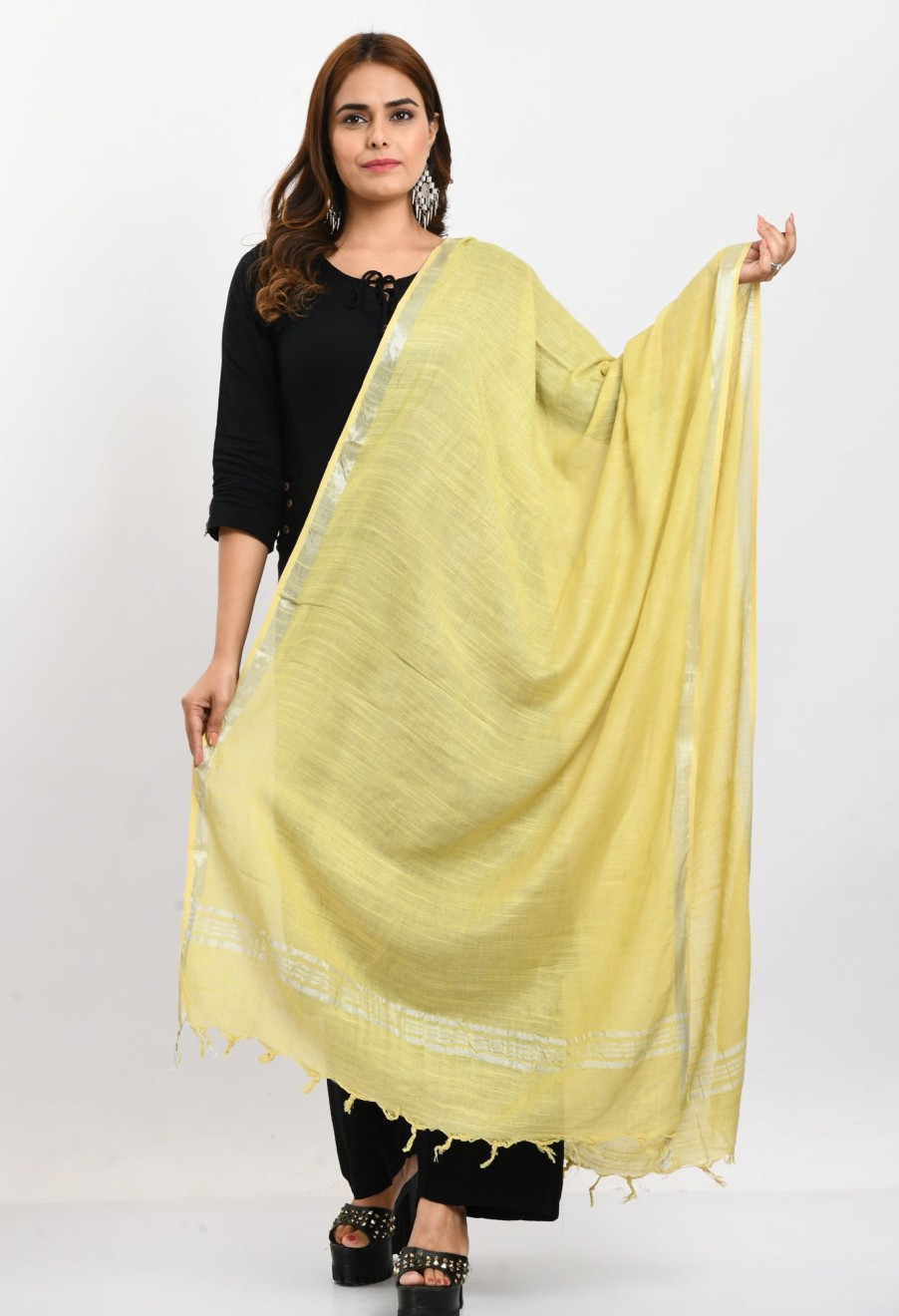 Women Moeza | Women'S Linen Cotton Silver Border Lemon Dupatta - Moeza Yellow