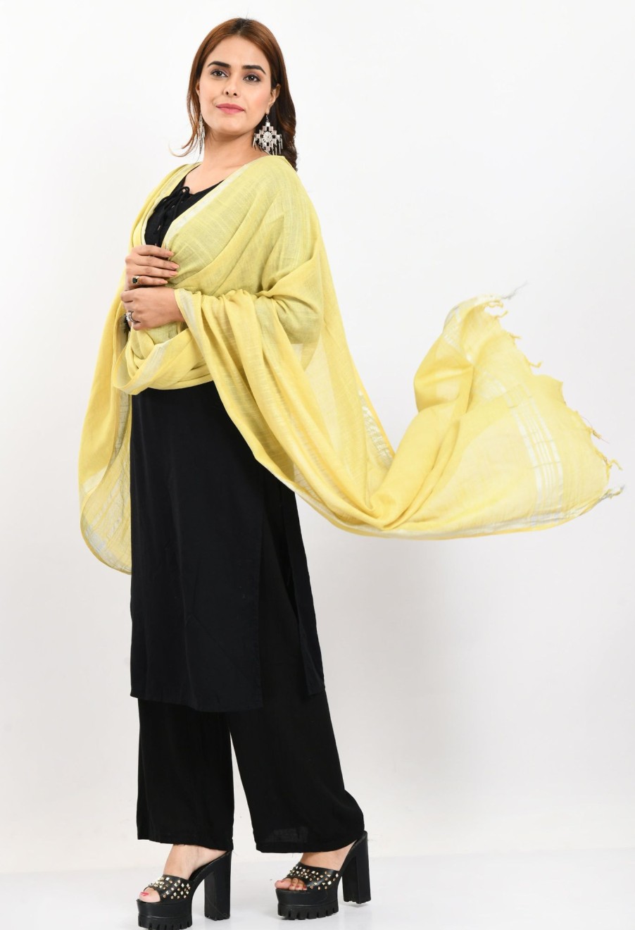 Women Moeza | Women'S Linen Cotton Silver Border Lemon Dupatta - Moeza Yellow