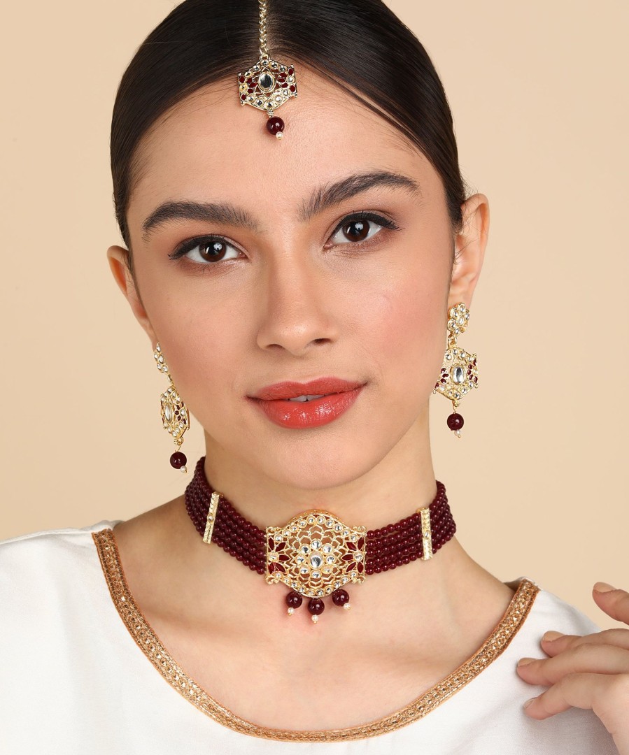 Jewellery Zaffre Collections | Women'S/Girl'S Choker Set With Maang Tikka And Meena - Zaffre Collections Maroon