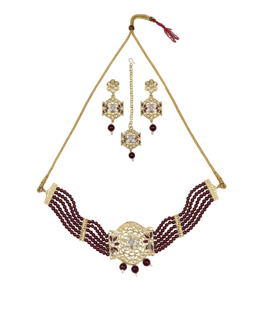 Jewellery Zaffre Collections | Women'S/Girl'S Choker Set With Maang Tikka And Meena - Zaffre Collections Maroon