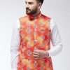 Men Sojanya | Men'S Cotton Blend Orange U0026 Off White Printed Nehru Jacket - Sojanya