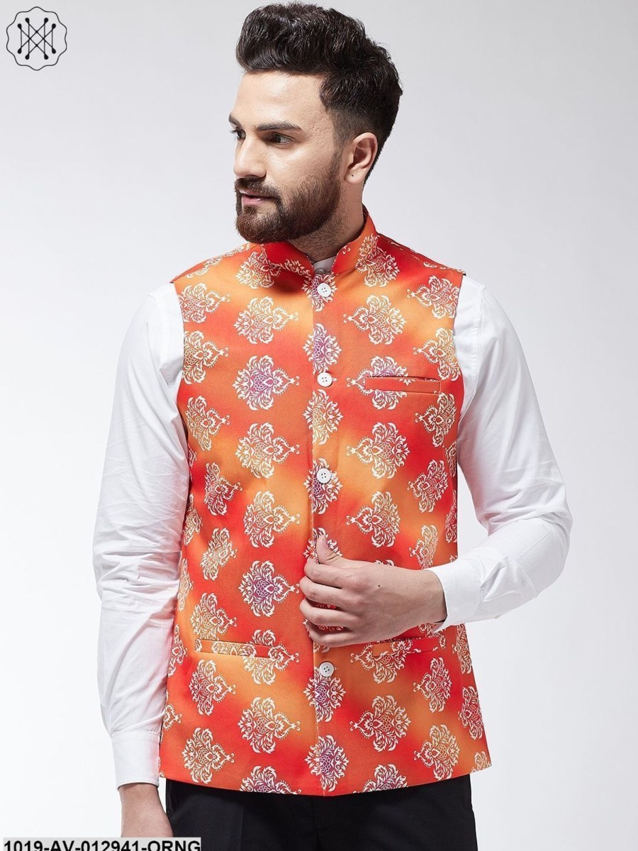 Men Sojanya | Men'S Cotton Blend Orange U0026 Off White Printed Nehru Jacket - Sojanya