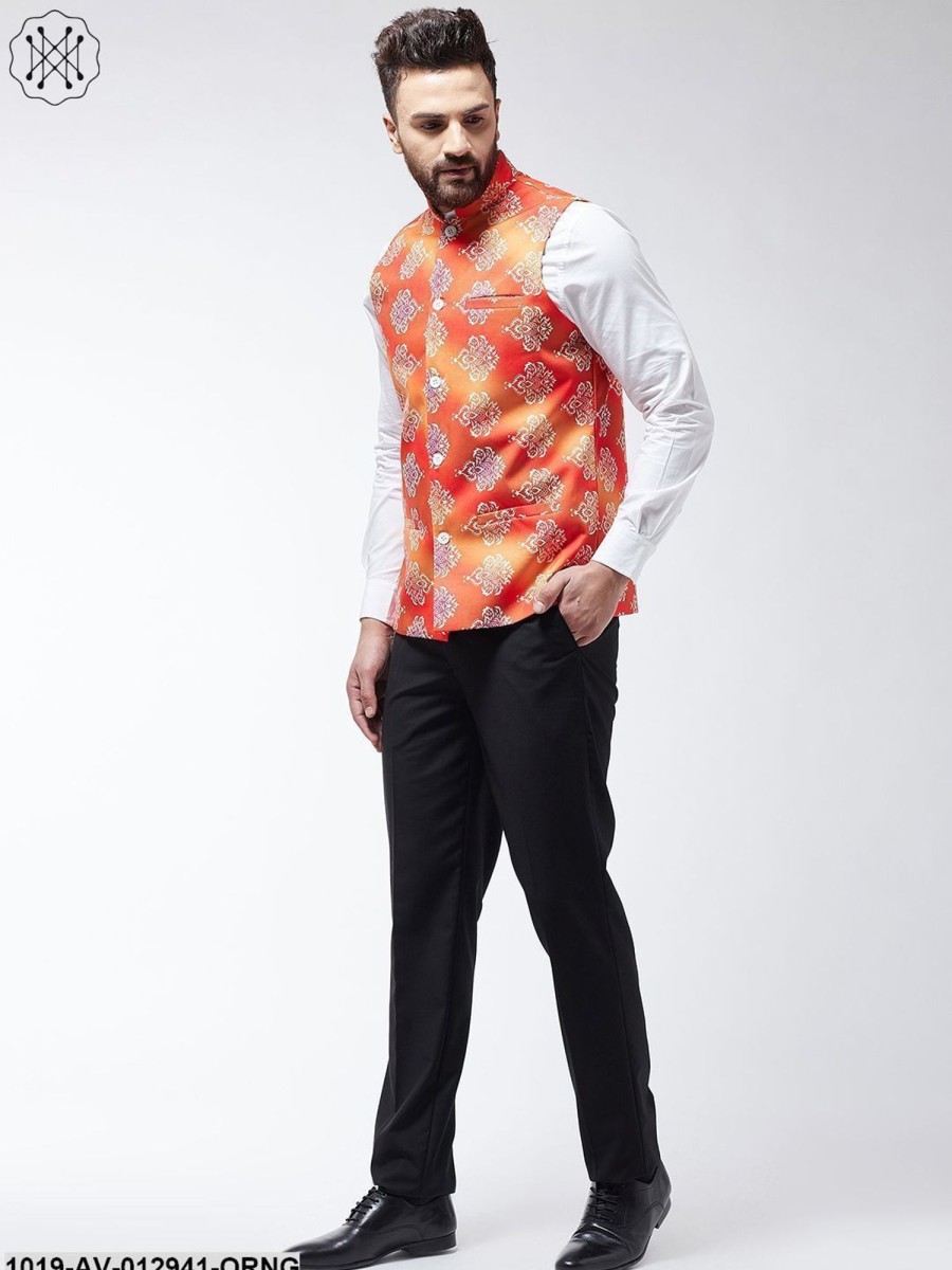 Men Sojanya | Men'S Cotton Blend Orange U0026 Off White Printed Nehru Jacket - Sojanya