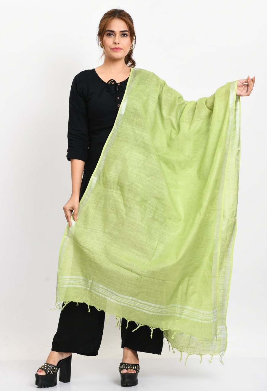 Women Moeza | Women'S Linen Cotton Silver Border Parrot Dupatta - Moeza Green