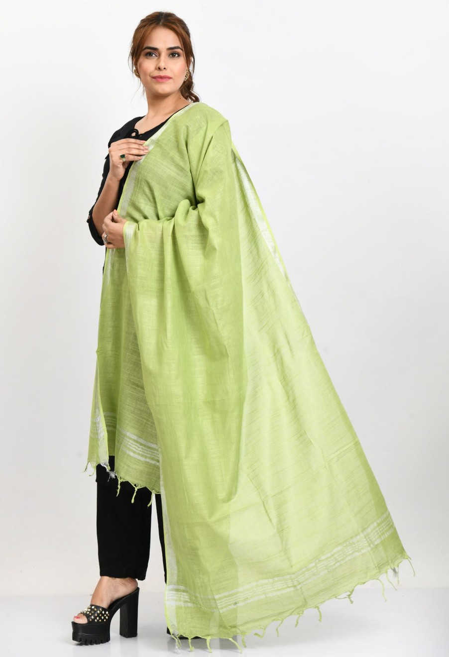 Women Moeza | Women'S Linen Cotton Silver Border Parrot Dupatta - Moeza Green