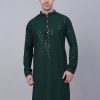 Men Virat Fashions | Men'S Olive Green Chikankari Embroidered And Sequence Kurta Only ( Ko 678 Olive ) - Virat Fashions