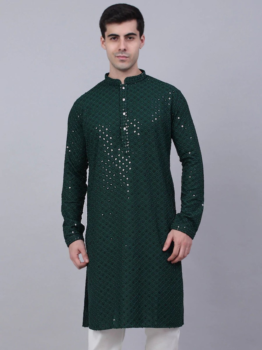 Men Virat Fashions | Men'S Olive Green Chikankari Embroidered And Sequence Kurta Only ( Ko 678 Olive ) - Virat Fashions