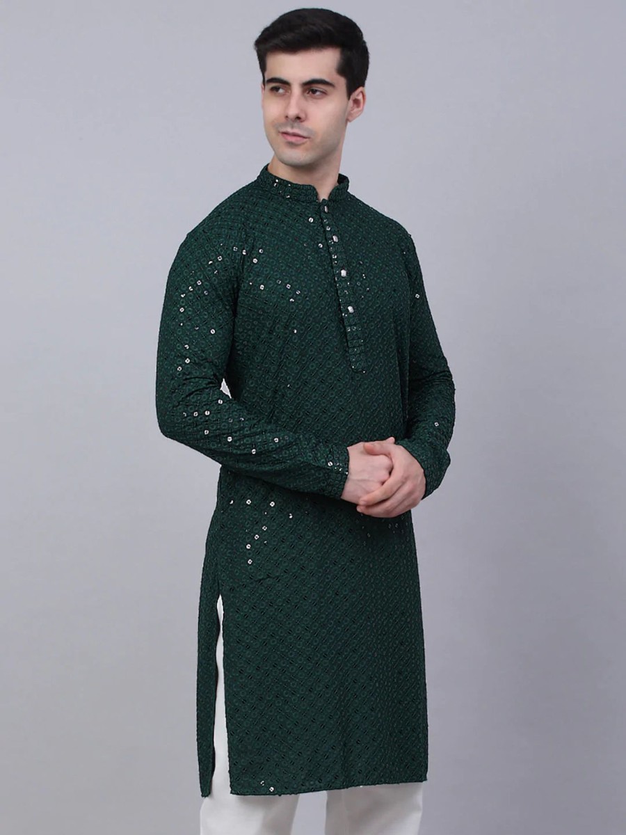 Men Virat Fashions | Men'S Olive Green Chikankari Embroidered And Sequence Kurta Only ( Ko 678 Olive ) - Virat Fashions