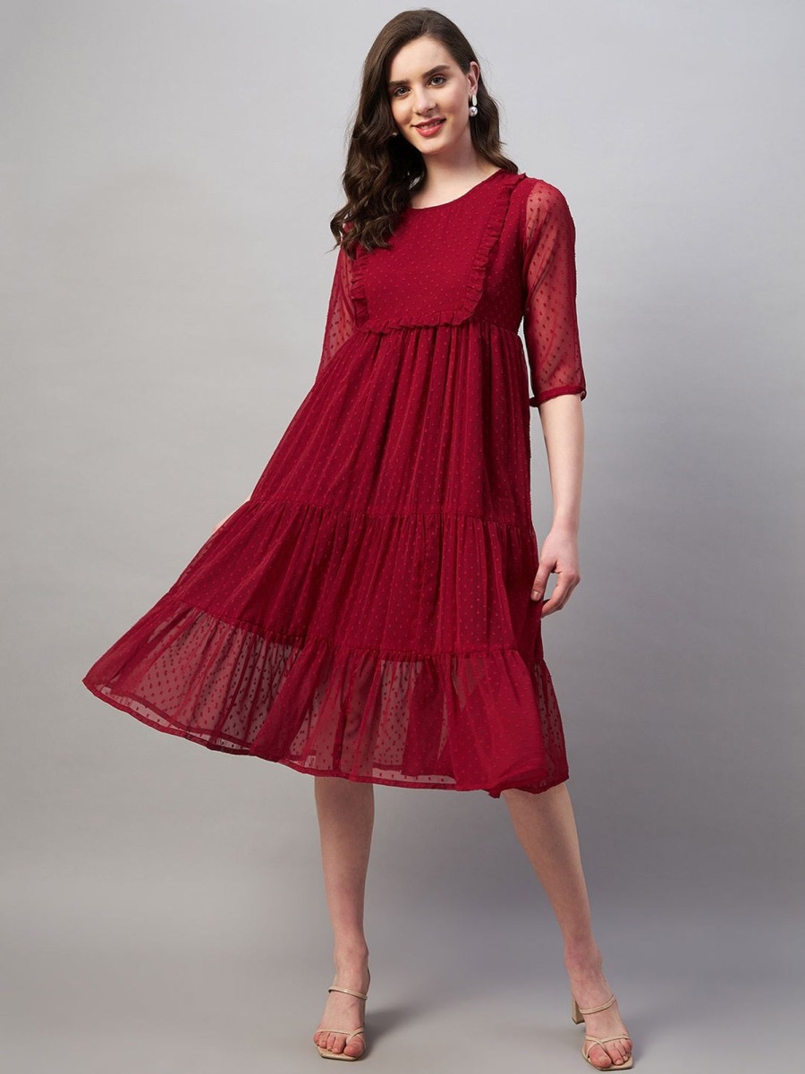 Women Azira | Women'S Dobby Weave Yoke Design Tiered Midi Dress - Azira Maroon