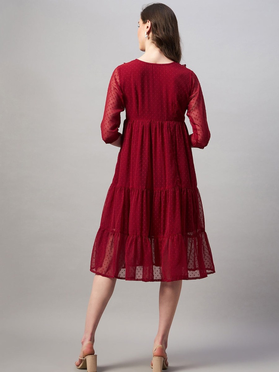 Women Azira | Women'S Dobby Weave Yoke Design Tiered Midi Dress - Azira Maroon