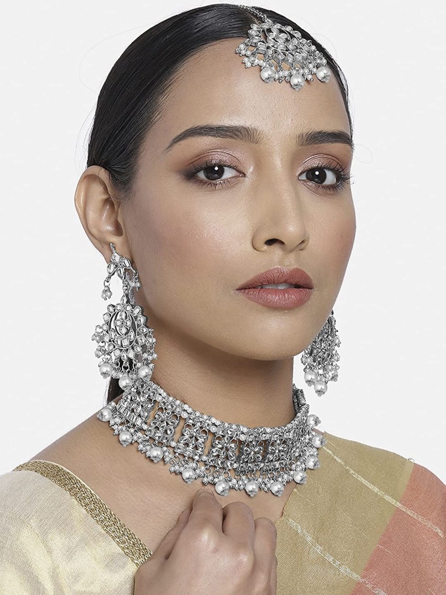 Jewellery I Jewels | Women'S Rhodium Plated Kundan U0026 Pearl Studded Choker Necklace Jewellery Set With Earrings U0026 Maang Tikka - I Jewels Silver