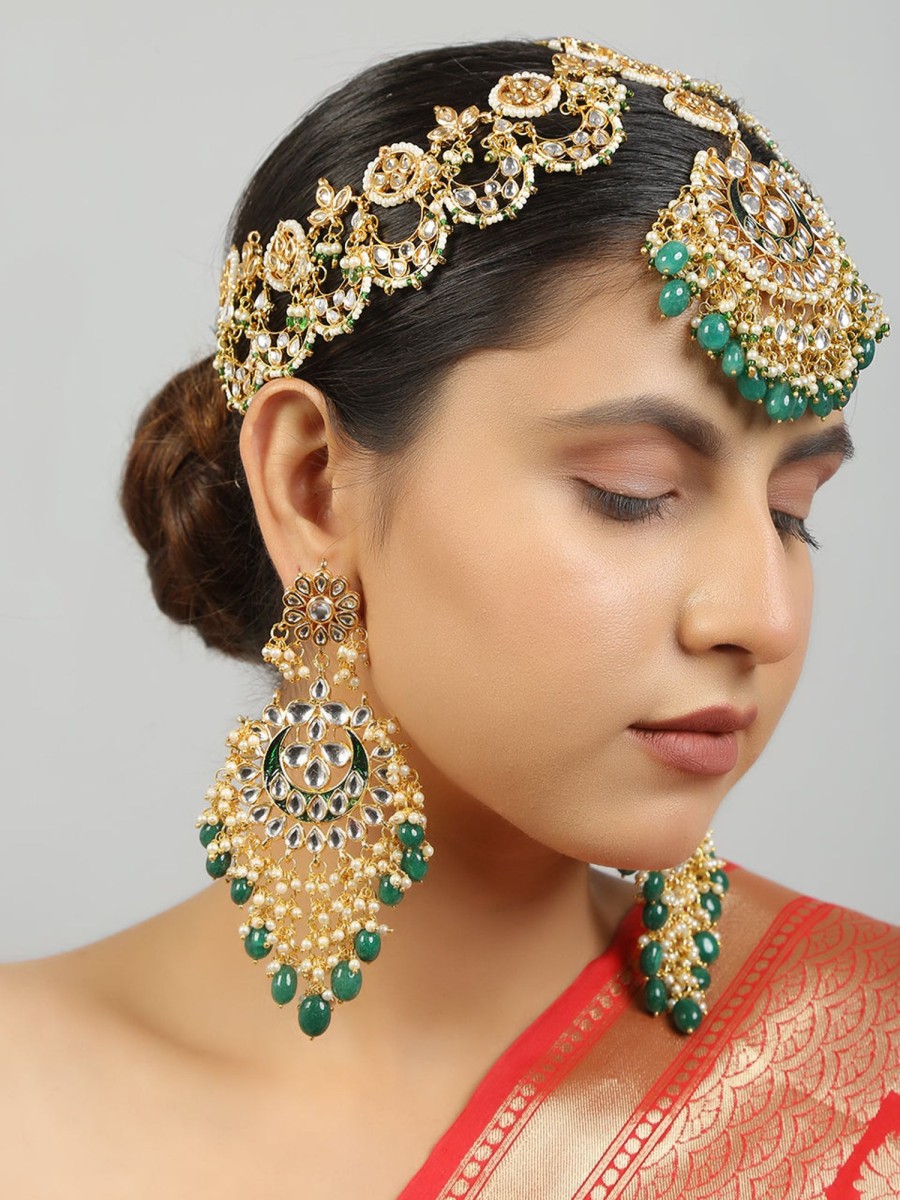 Jewellery Femizen | Women'S Kundan Chandbali With Statement Matha Patti Set - Femizen Green