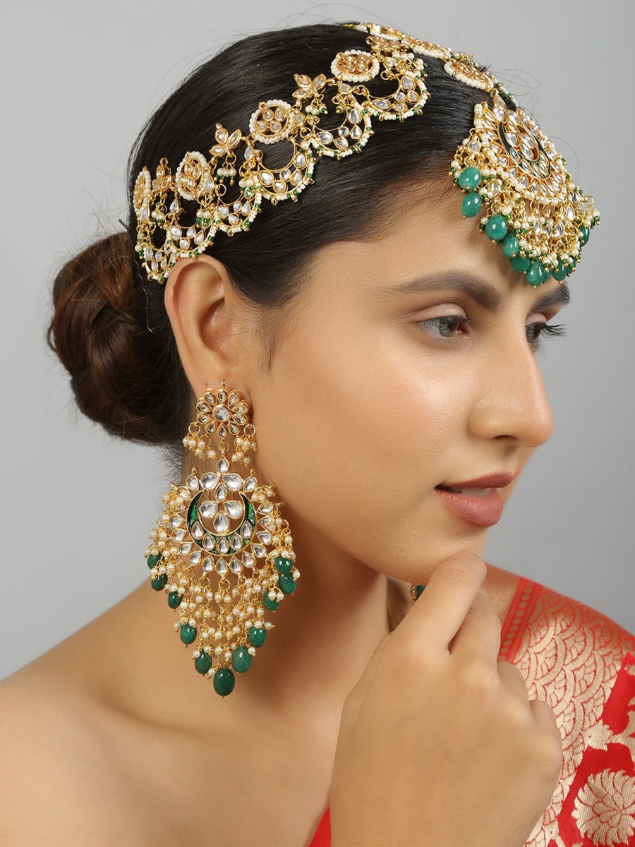 Jewellery Femizen | Women'S Kundan Chandbali With Statement Matha Patti Set - Femizen Green