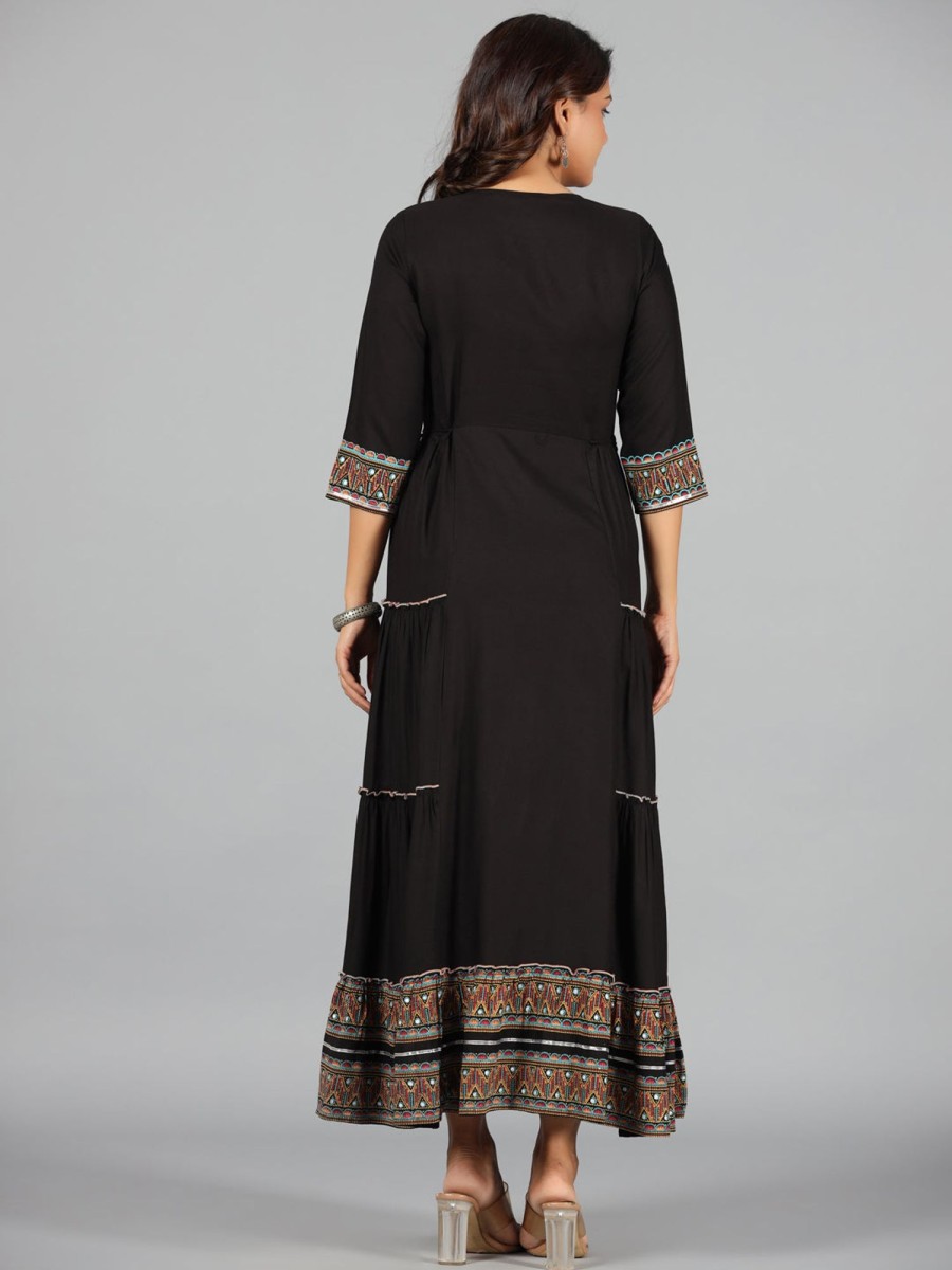 Women Juniper | Women'S Rayon Staple Printed Tiered Maxi Dress - Juniper Black