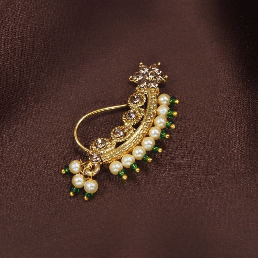 Jewellery I Jewels | Maharashtrian Nose Pin Gold Finish With Pearls By I Jewels