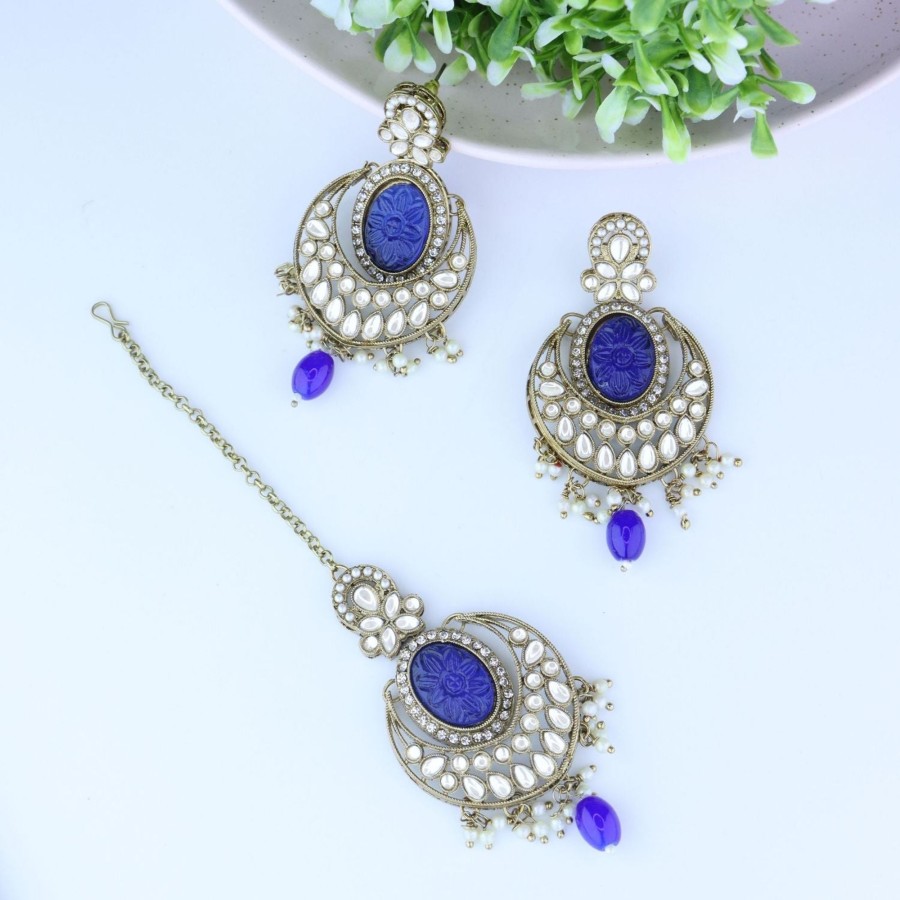 Jewellery I Jewels | Women'S Traditional Pearl Hanging Kundan Stone Studed Chandbali Earring With Maang Tikka - I Jewels Blue