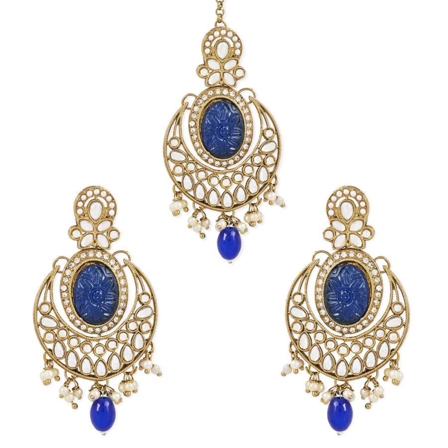 Jewellery I Jewels | Women'S Traditional Pearl Hanging Kundan Stone Studed Chandbali Earring With Maang Tikka - I Jewels Blue