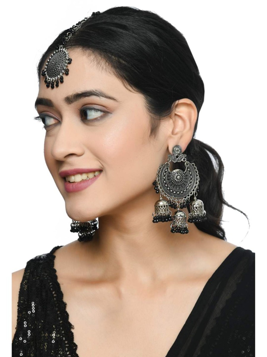 Jewellery Kamal Johar | Trendia Traditional Design Earrings U0026 Tika Jker_142 Black