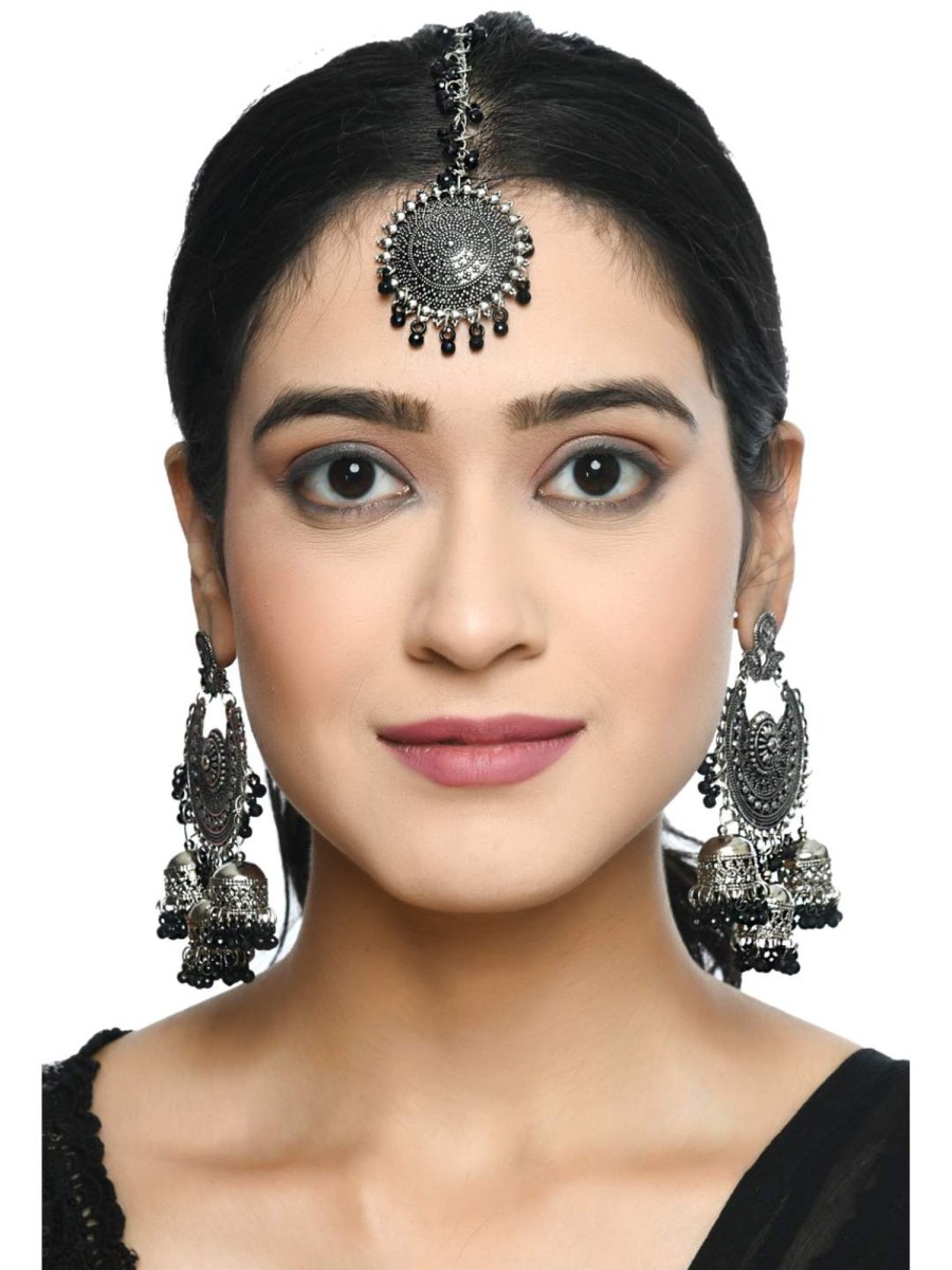 Jewellery Kamal Johar | Trendia Traditional Design Earrings U0026 Tika Jker_142 Black