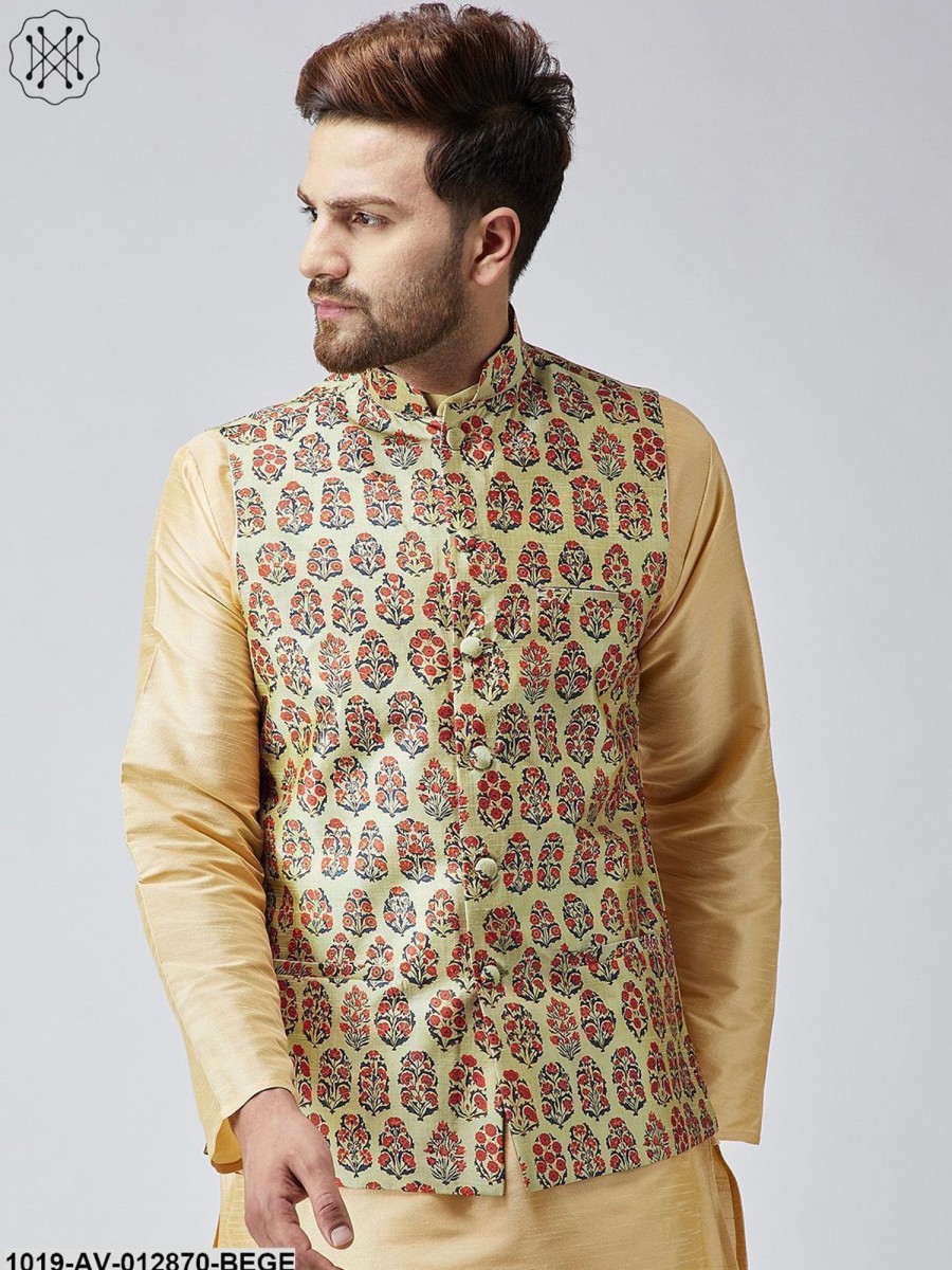 Men Sojanya | Men'S Beige Printed Nehru Jacket - Sojanya