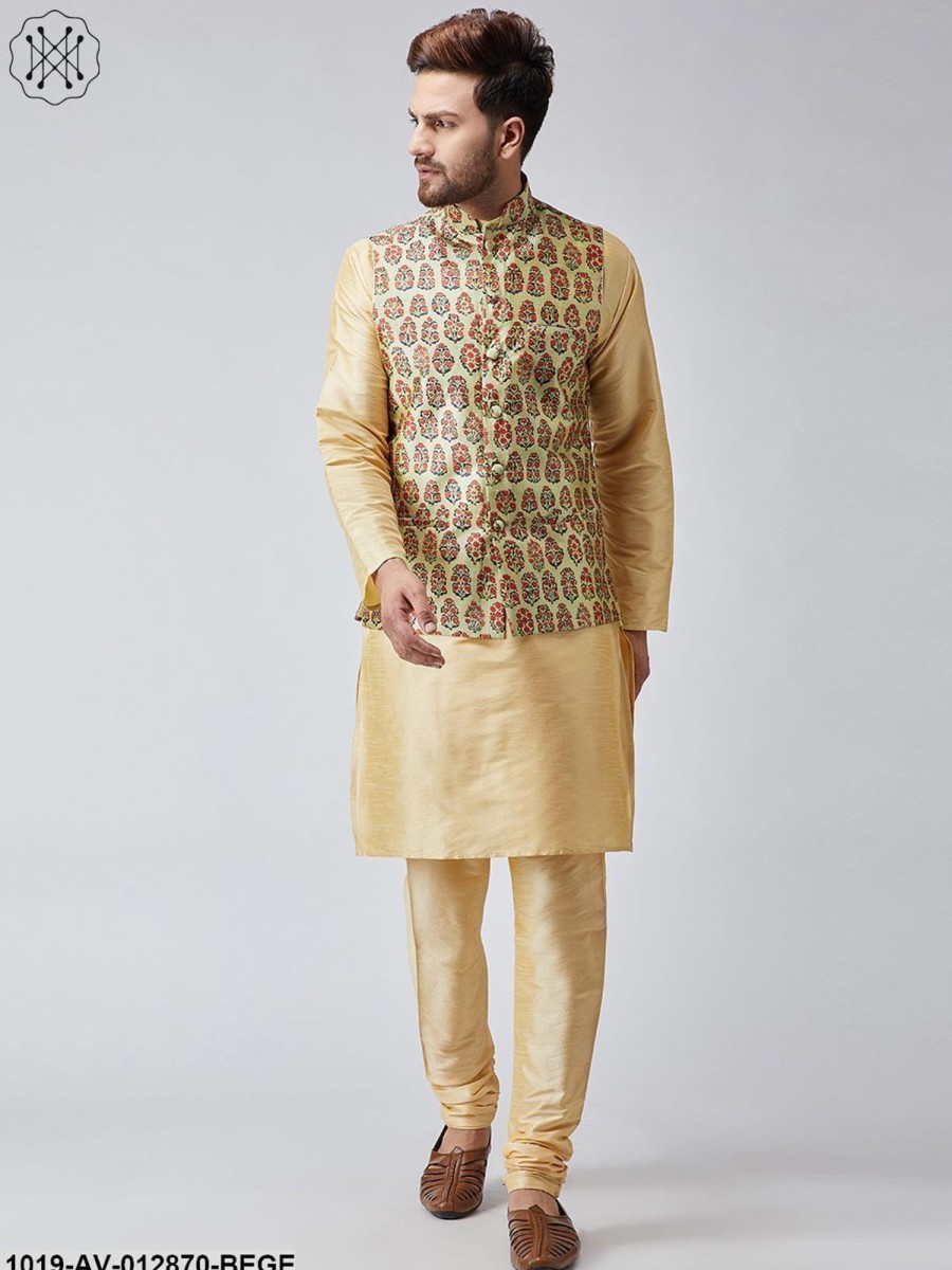 Men Sojanya | Men'S Beige Printed Nehru Jacket - Sojanya