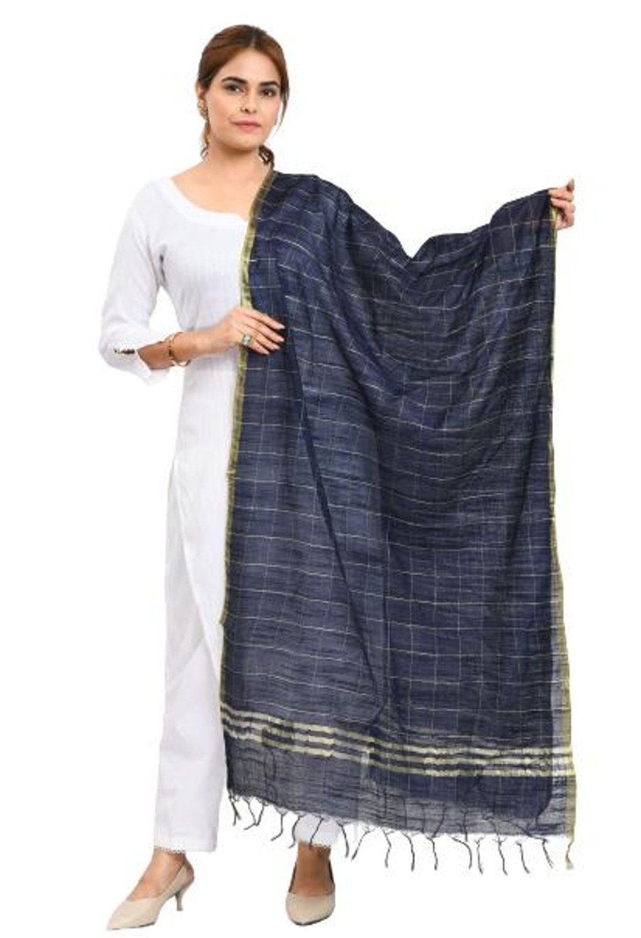 Women Moeza | Women'S Cotton Zari Box Navy Dupatta - Moeza Blue