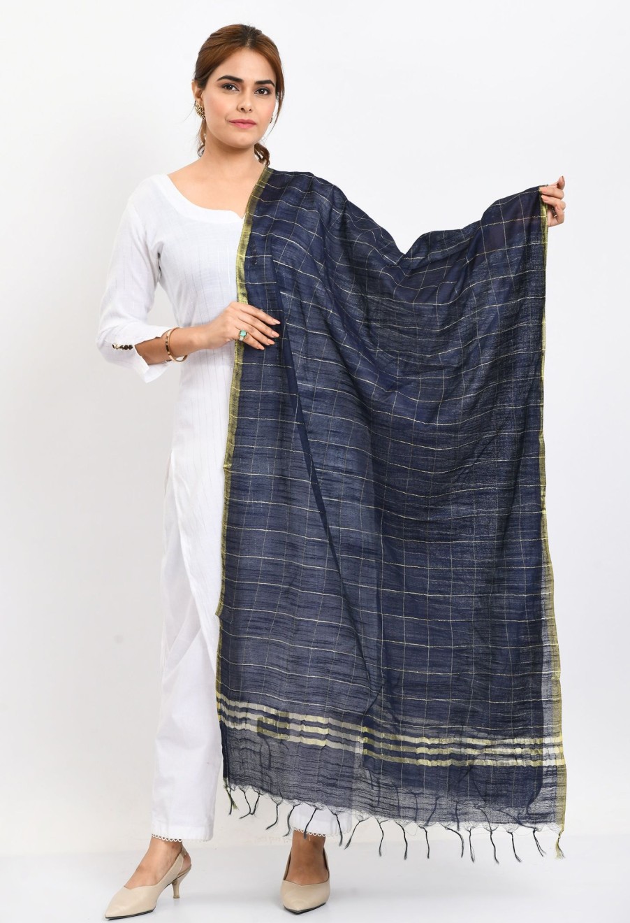 Women Moeza | Women'S Cotton Zari Box Navy Dupatta - Moeza Blue