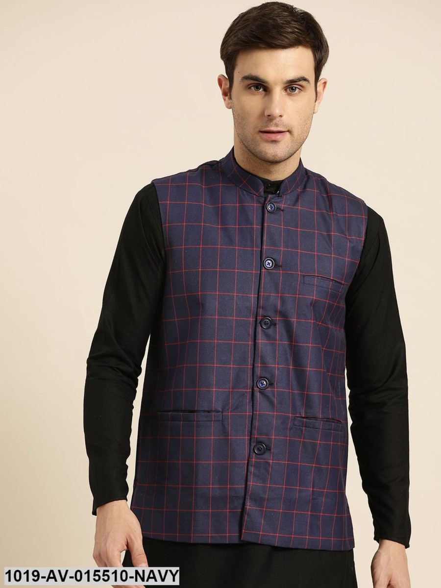 Men Sojanya | Men'S Cotton Blend Navy Blue U0026 Red Checked Nehru Jacket - Sojanya