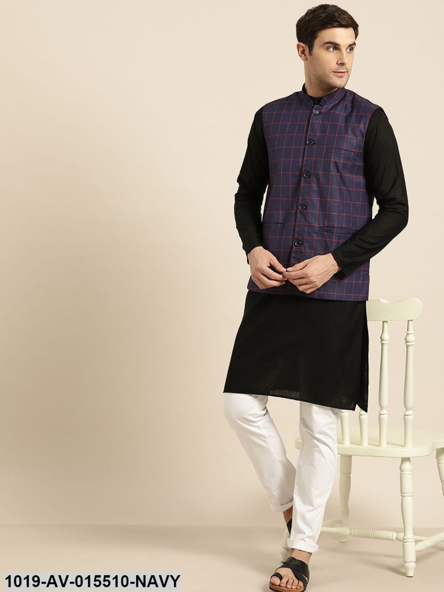 Men Sojanya | Men'S Cotton Blend Navy Blue U0026 Red Checked Nehru Jacket - Sojanya