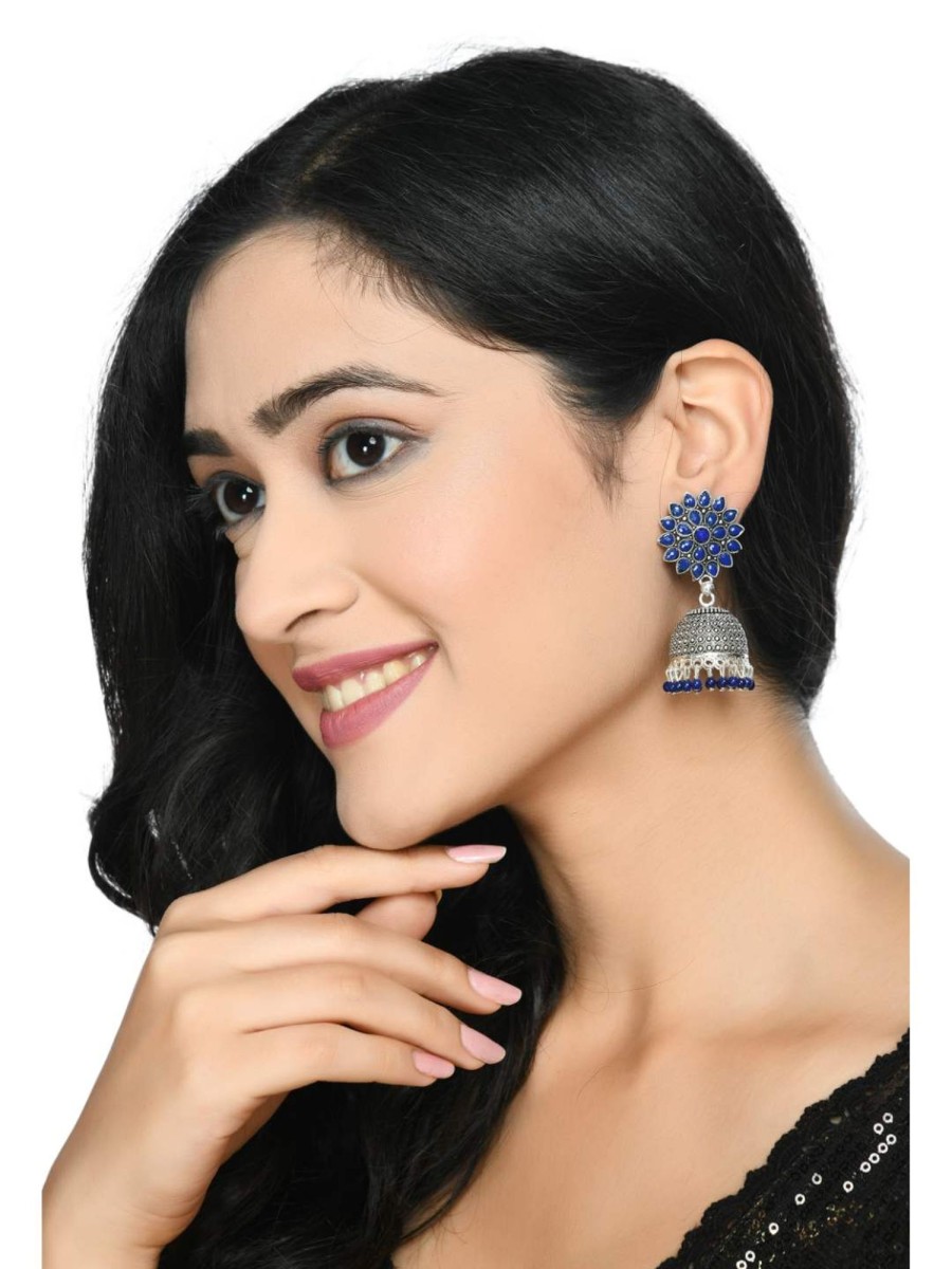 Jewellery Kamal Johar | Blue Oxydized Silver Jhumka Earrings By Kamal Jihar (1 Pair Earrings)